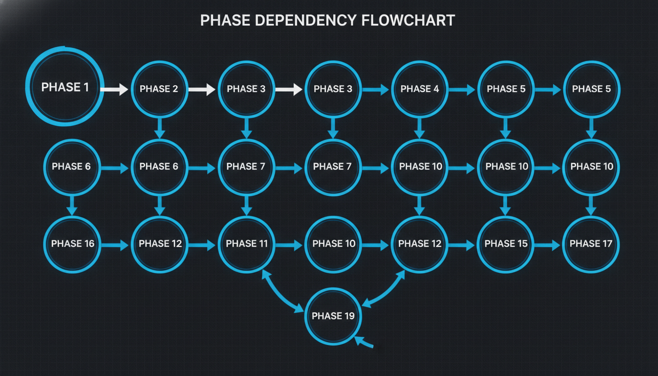 The phase dependency flowchart from the README, showing clear arrows from phase 1 to 19