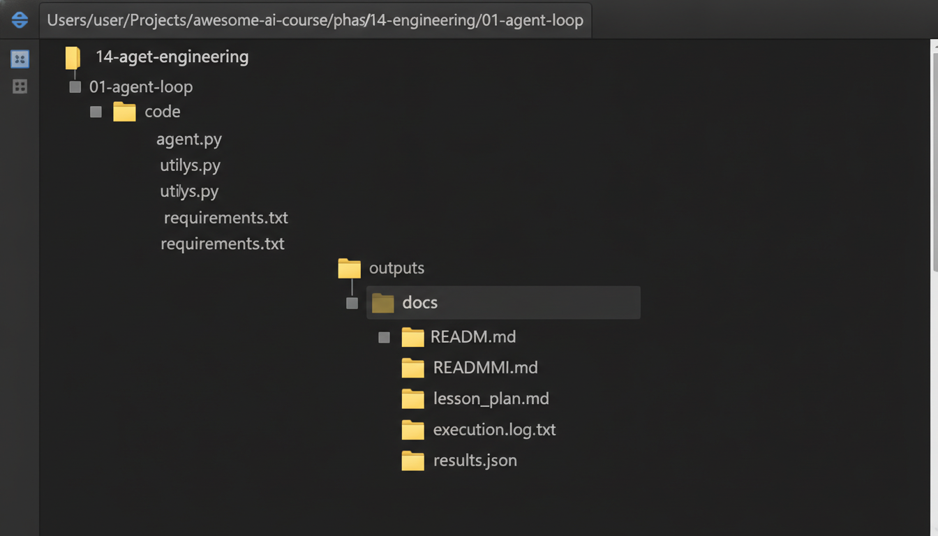 Example of the lesson file structure in the repo: phases/14-agent-engineering/01-agent-loop/ with code, docs, outputs subdirectories