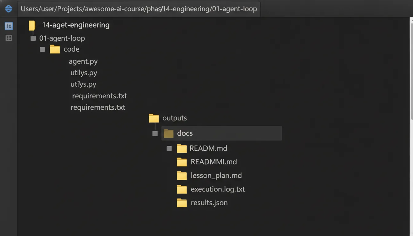 Example of the lesson file structure in the repo: phases/14-agent-engineering/01-agent-loop/ with code, docs, outputs subdirectories