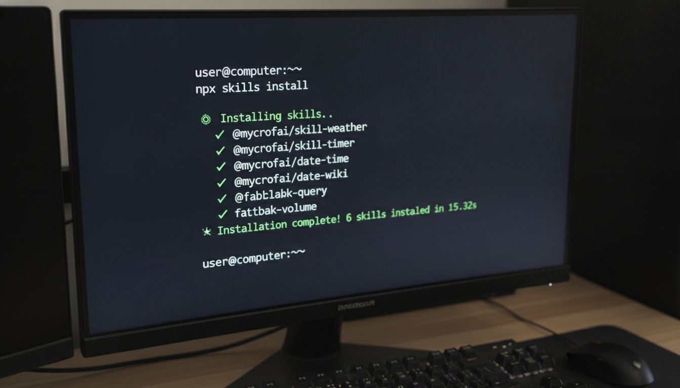 Terminal output showing the install command, with a list of installed skills