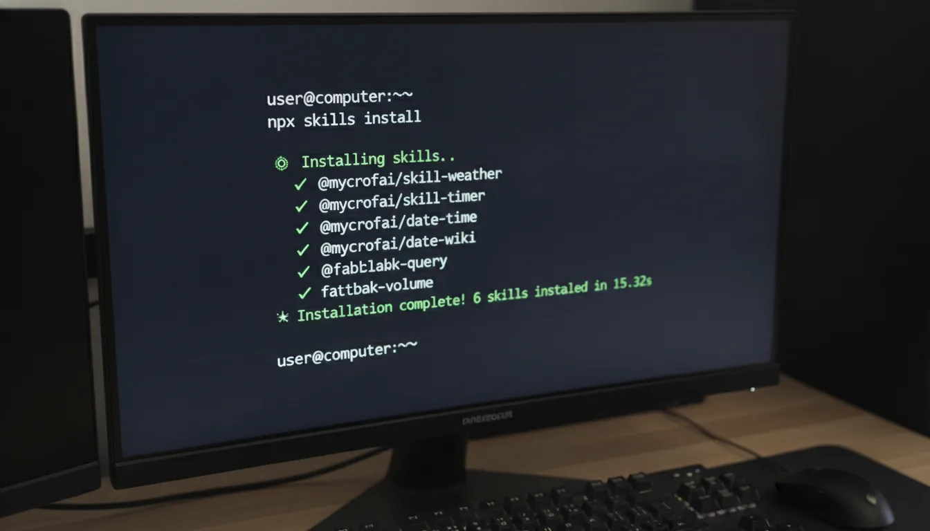 Terminal output showing the install command, with a list of installed skills