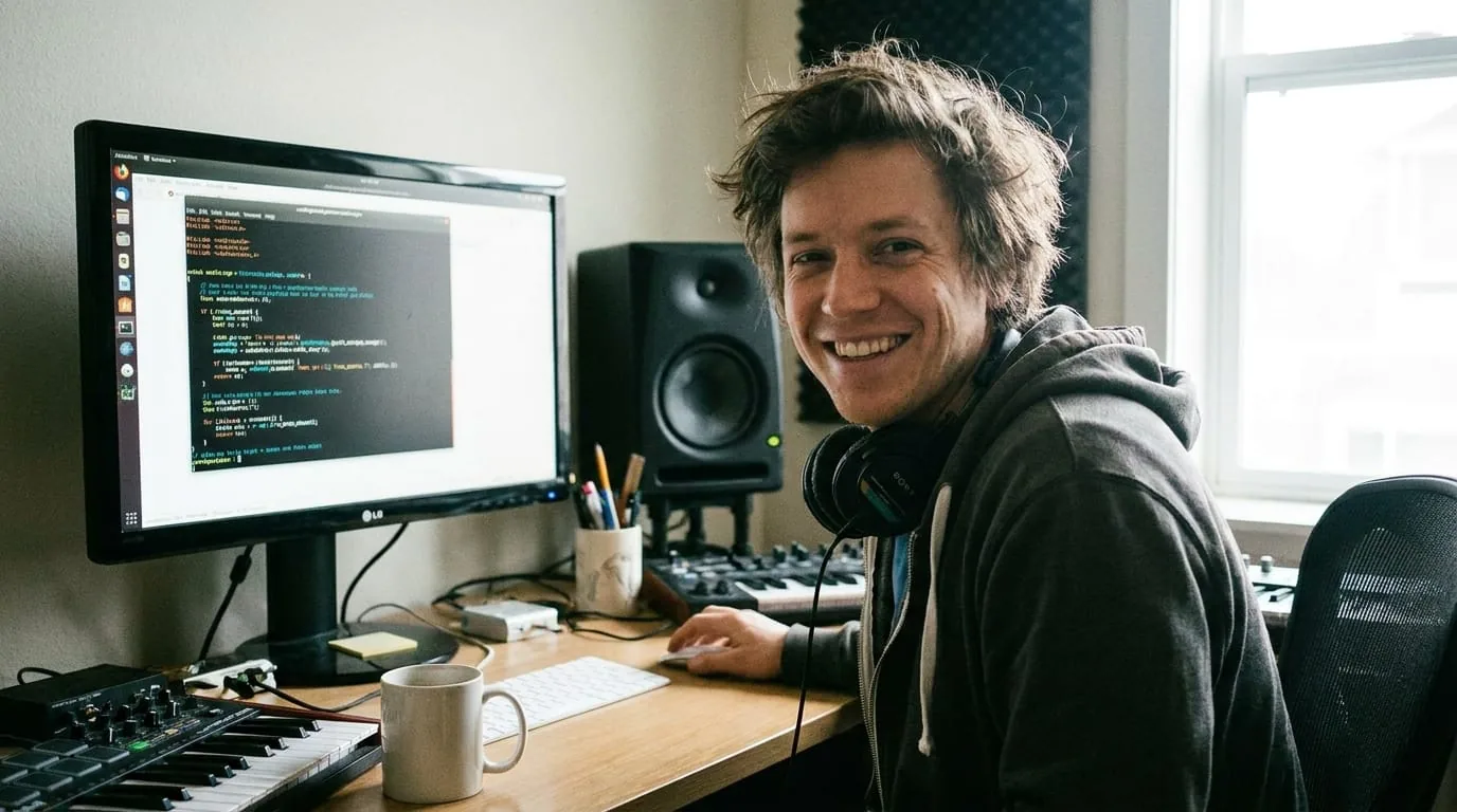 Photo of a developer smiling at their workstation with audio.cpp terminal visible