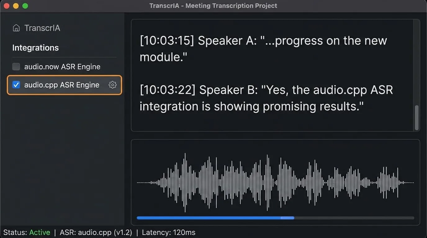 Screenshot of TranscrIA meeting transcription interface showing audio.cpp ASR integration