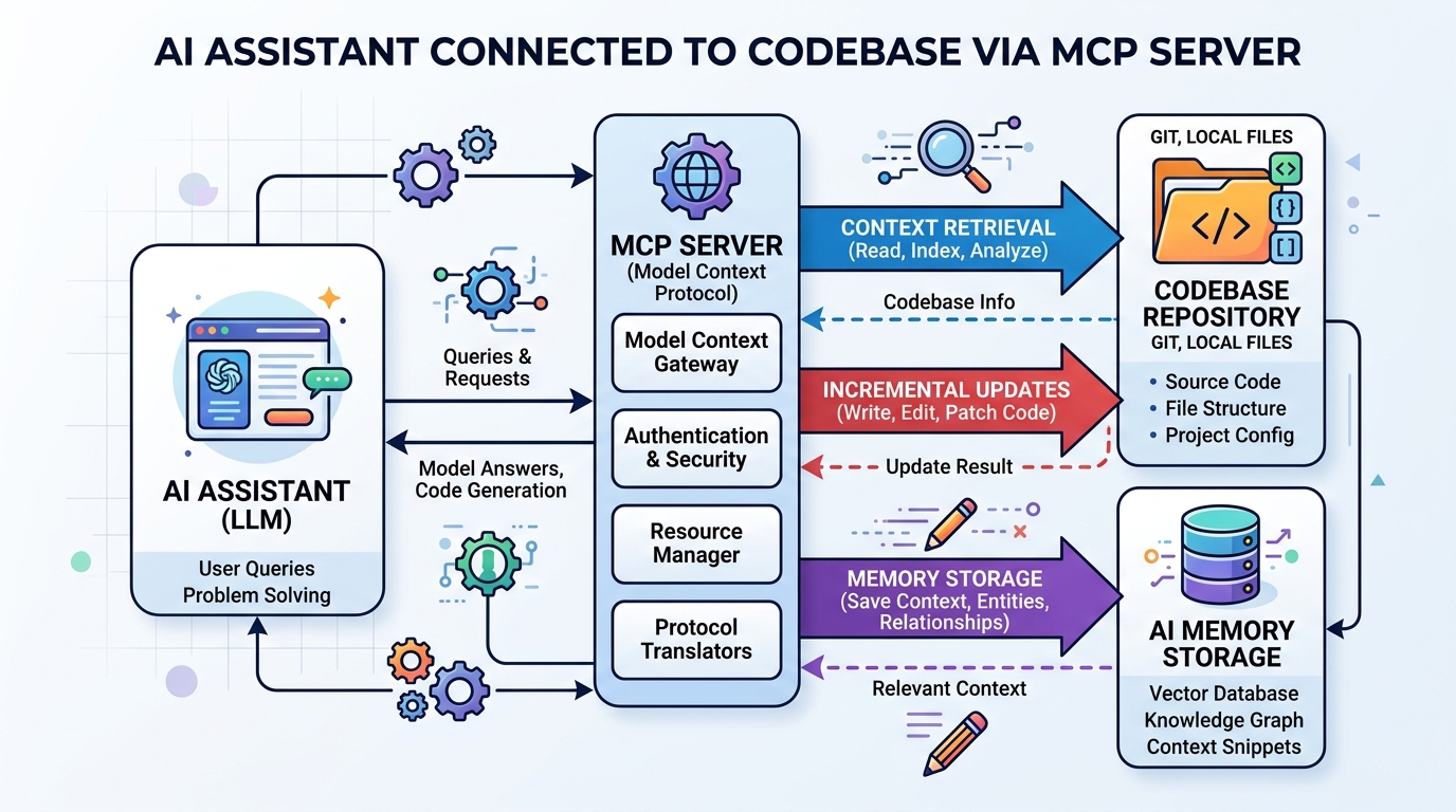 Diagram showing an AI assistant connected to a codebase via an MCP server, with arrows representing context retrieval, memory storage, and incremental updates.