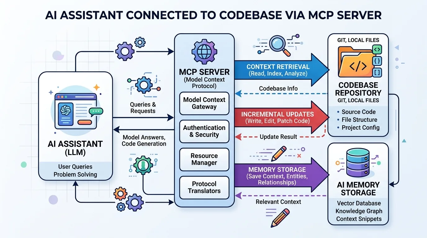 Diagram showing an AI assistant connected to a codebase via an MCP server, with arrows representing context retrieval, memory storage, and incremental updates.