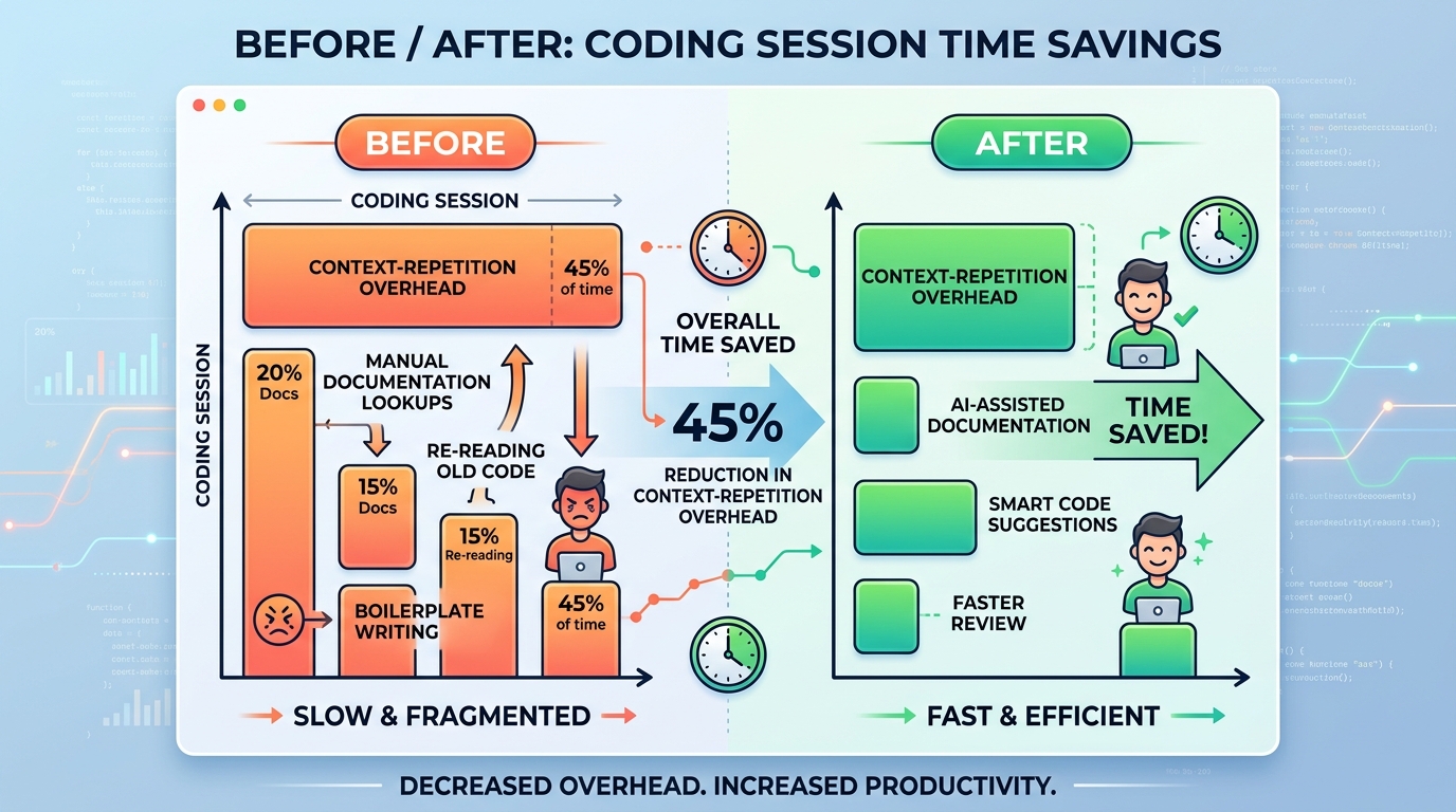 A before/after chart showing time saved per coding session — e.g., 45% reduction in context-repetition overhead.