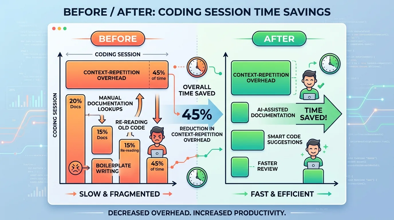 A before/after chart showing time saved per coding session — e.g., 45% reduction in context-repetition overhead.