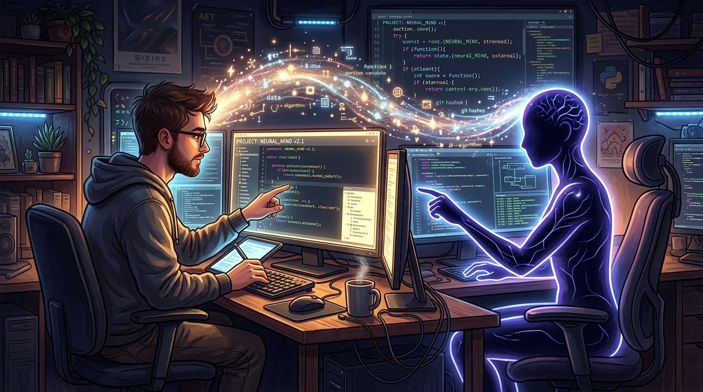 An evocative illustration of a developer and an AI silhouette sitting side by side, reviewing a codebase with a shared glowing memory stream connecting them.