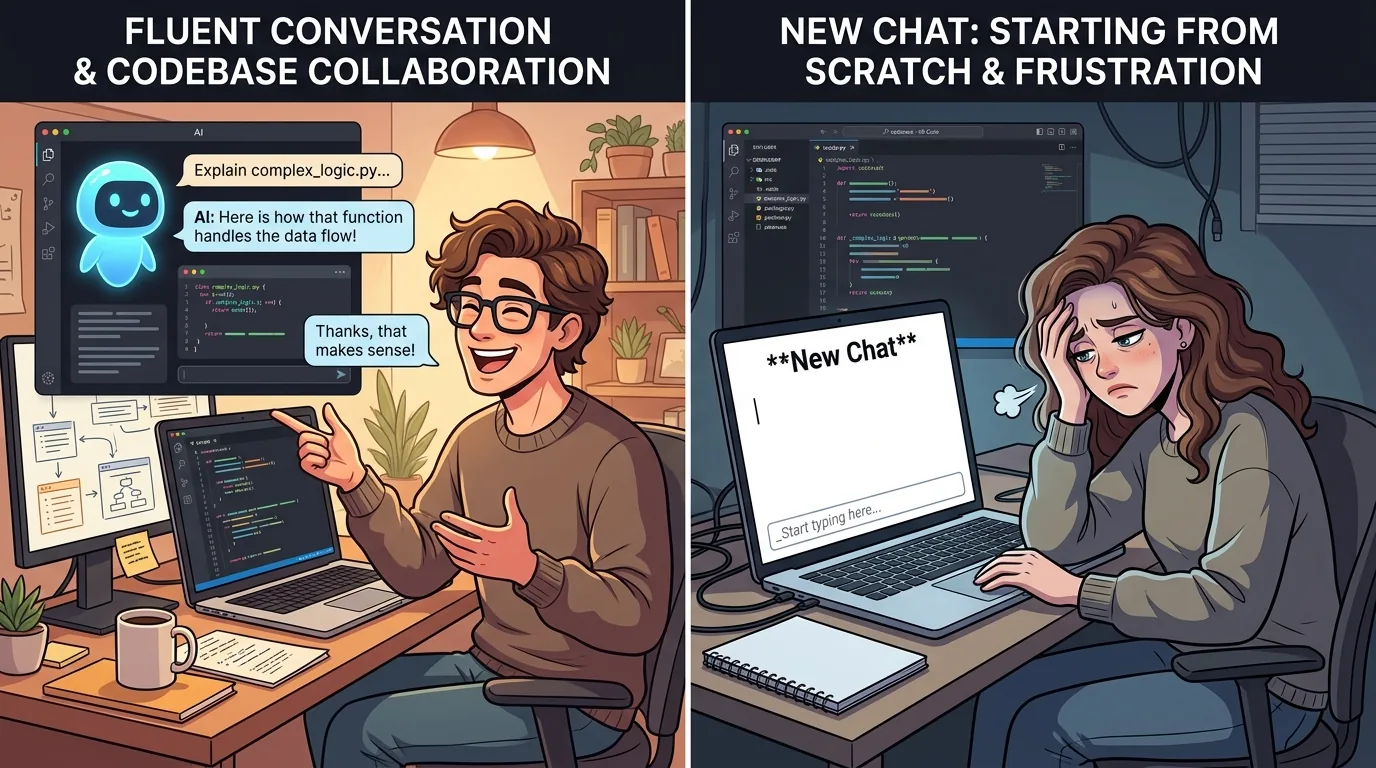 A split illustration showing a developer on the left having a fluent conversation with an AI about a codebase, and the same developer on the right looking frustrated as a new chat starts with a blank screen.