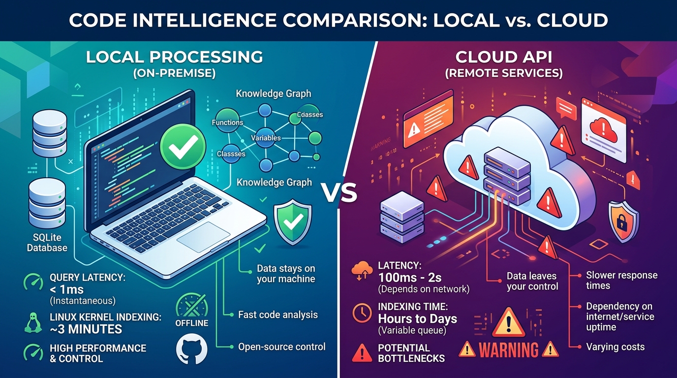 A simple diagram comparing local vs cloud embedding: privacy, speed, accuracy trade-offs with checkmarks.