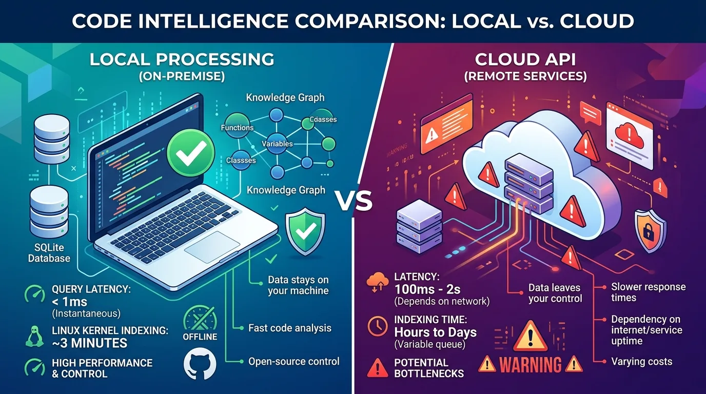 A simple diagram comparing local vs cloud embedding: privacy, speed, accuracy trade-offs with checkmarks.