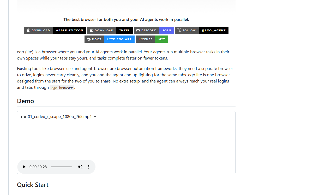 Screenshot of ego lite showing two Spaces open — one with a human browsing a news site, another with an agent scraping data from a CRM. The agent's Space has a blue glow border.