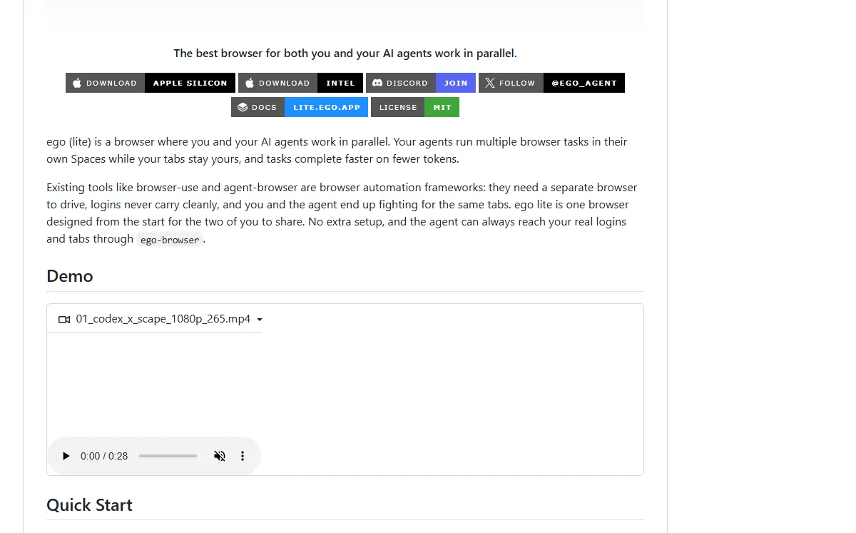 Screenshot of ego lite showing two Spaces open — one with a human browsing a news site, another with an agent scraping data from a CRM. The agent's Space has a blue glow border.