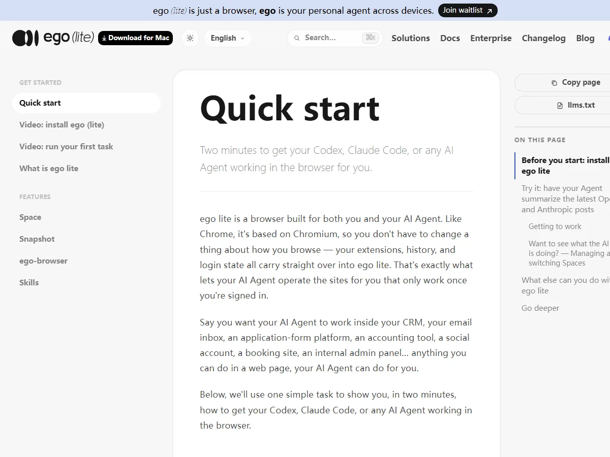Terminal screenshot showing a command /ego-browser scrape latest posts from Hacker News and summarize — with the agent's response appearing in a chat interface.