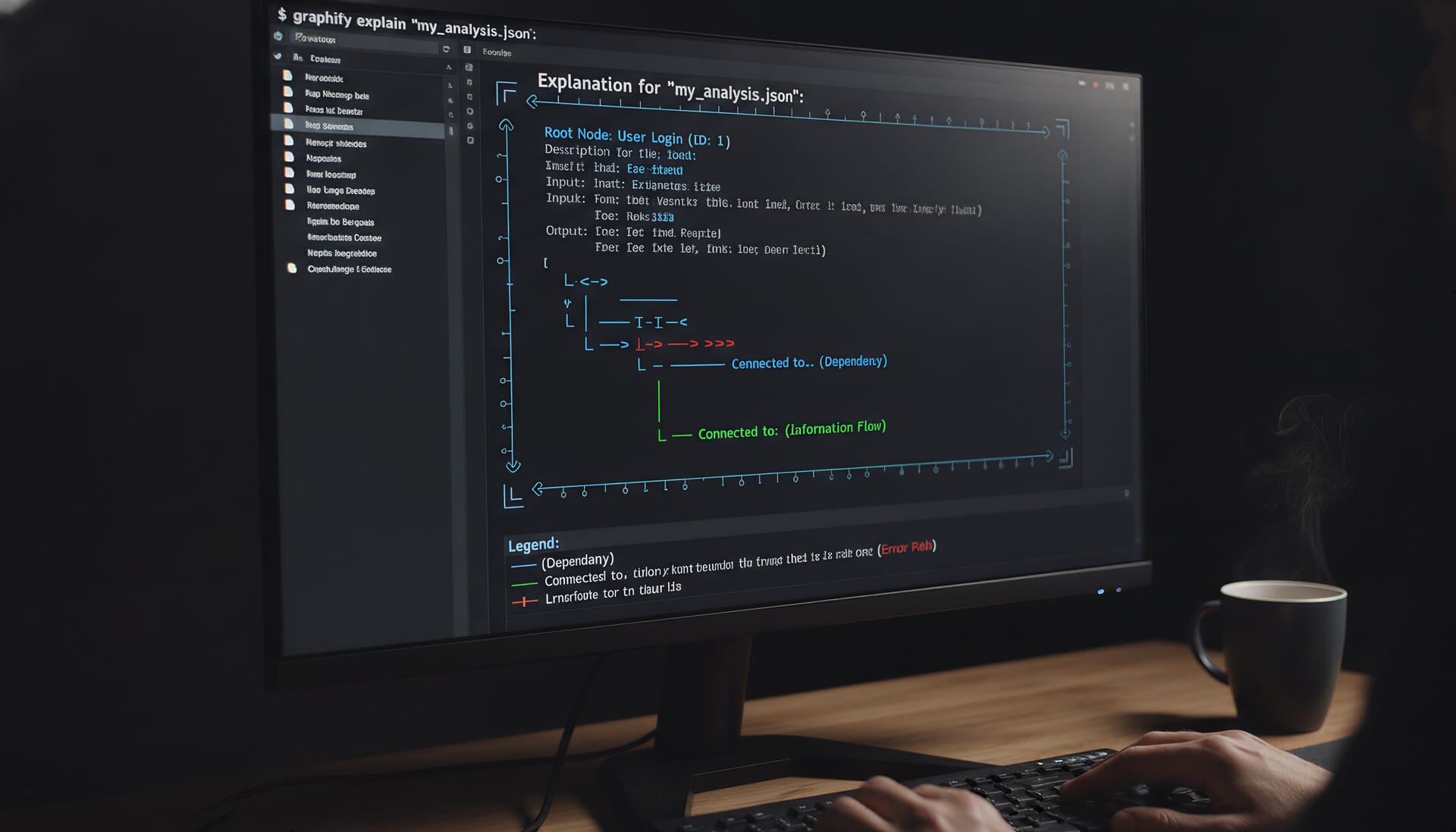Terminal output showing graphify explain command with color-coded connections