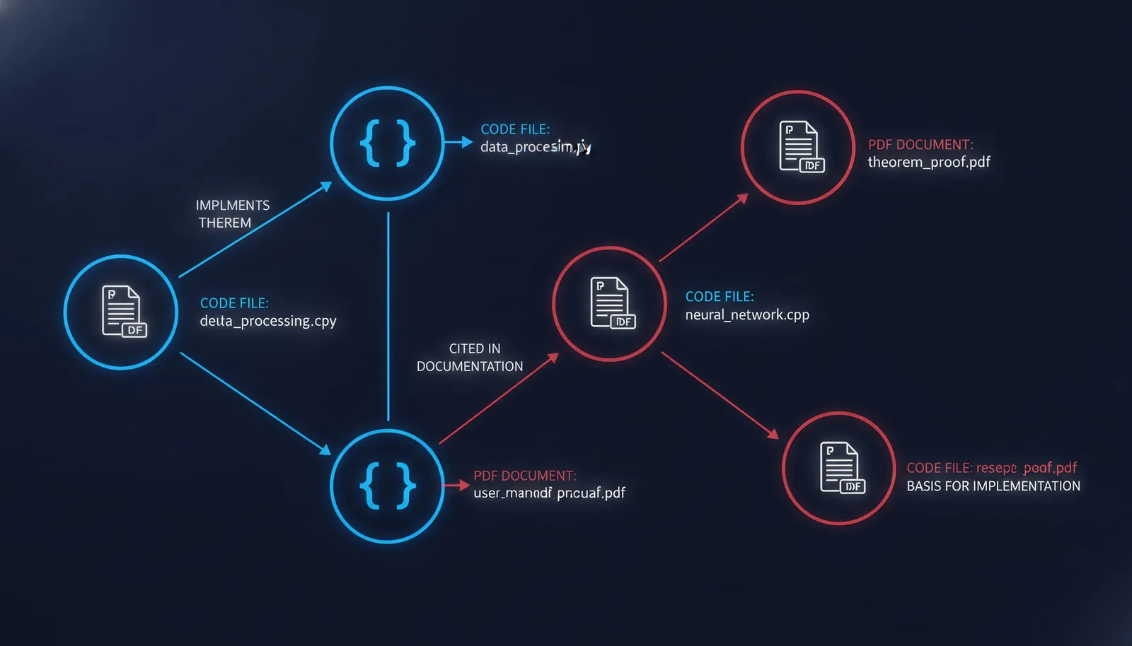 A graph showing code nodes connected to PDF nodes with labels like "implements theorem" and "cited in documentation"