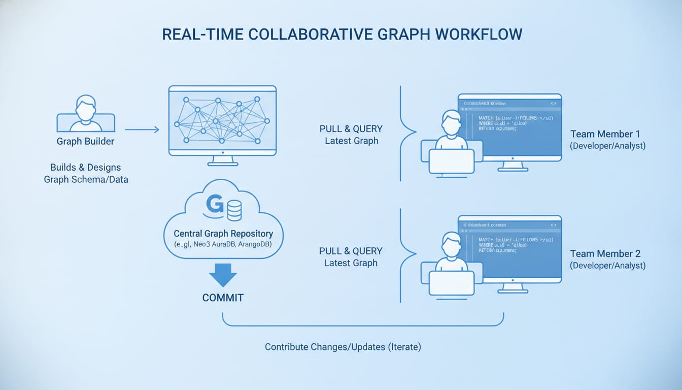 Diagram showing team workflow — one person builds graph, commits, others pull and query immediately
