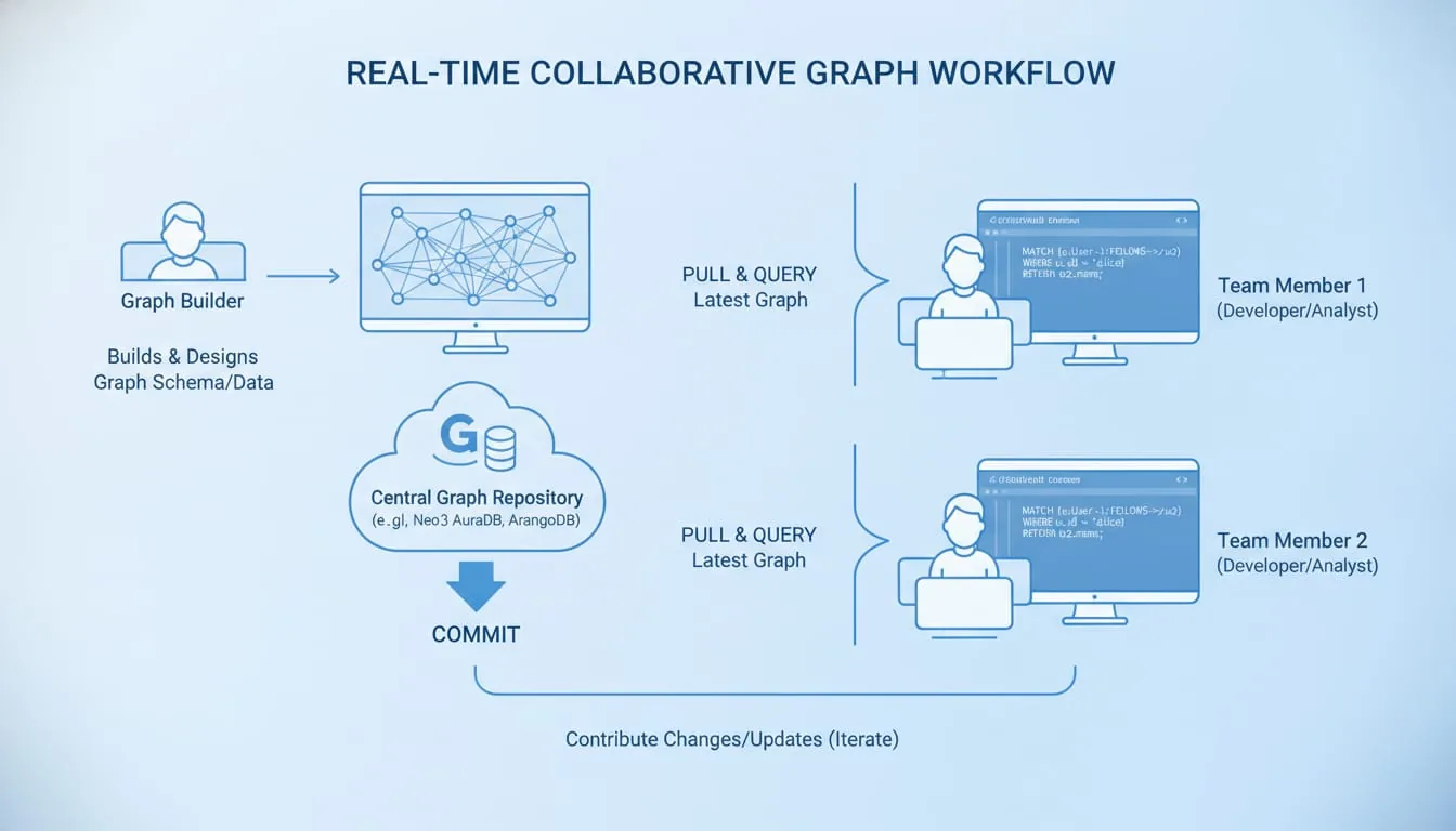 Diagram showing team workflow — one person builds graph, commits, others pull and query immediately