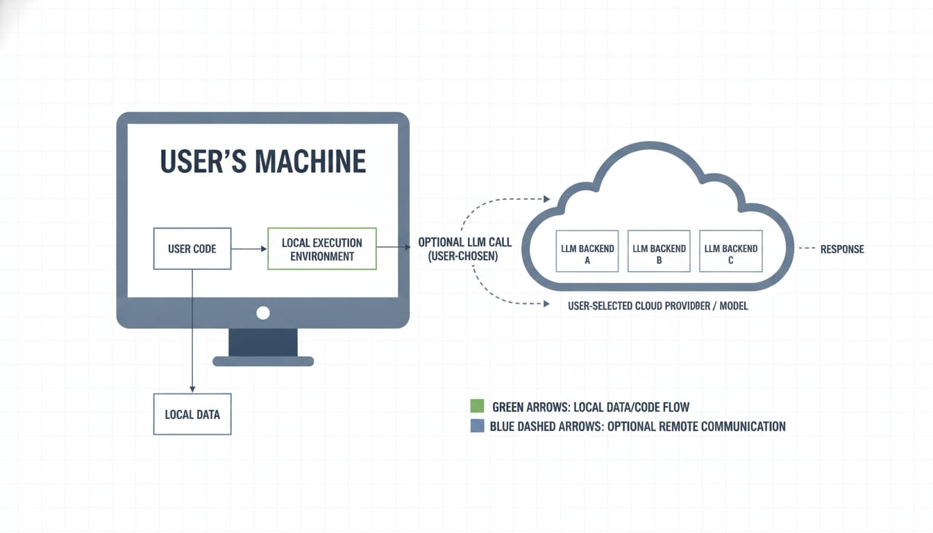 Privacy diagram — code stays on machine, optional LLM call with user-chosen backend