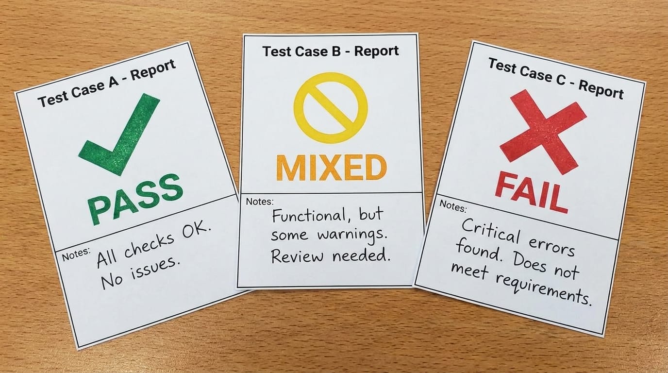 Three small report cards showing Pass, Mixed, and Fail results for each test case, with brief notes