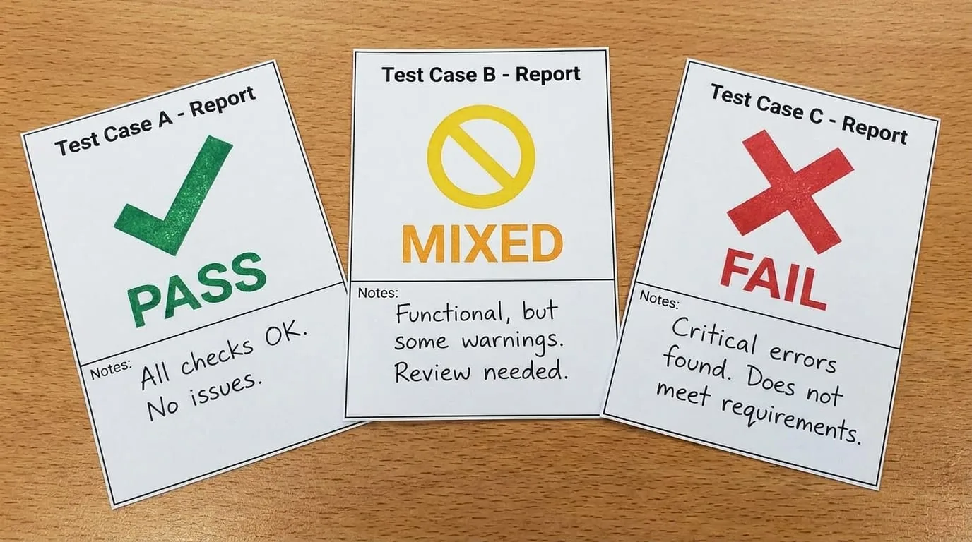 Three small report cards showing Pass, Mixed, and Fail results for each test case, with brief notes