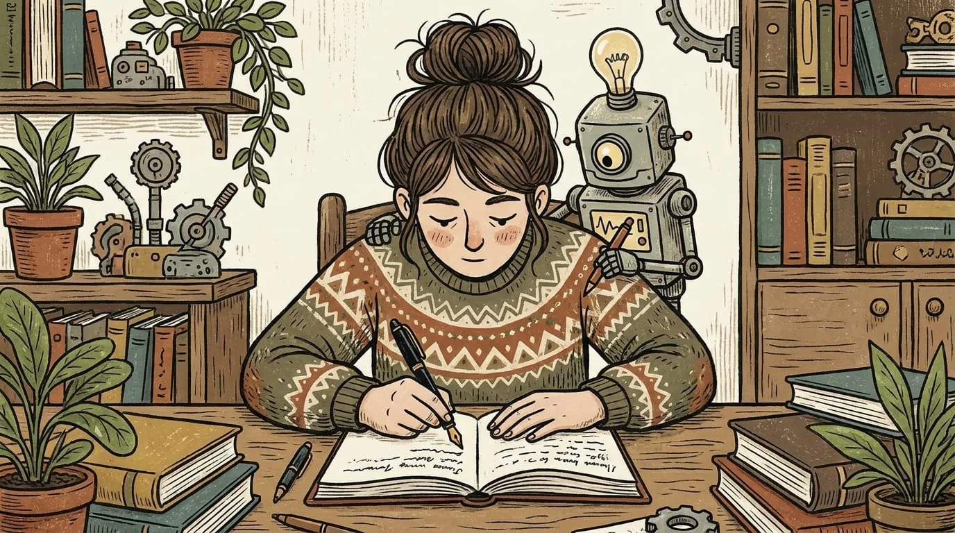 A stylized illustration of a person writing at a desk, with a small robot looking over their shoulder, both holding pens