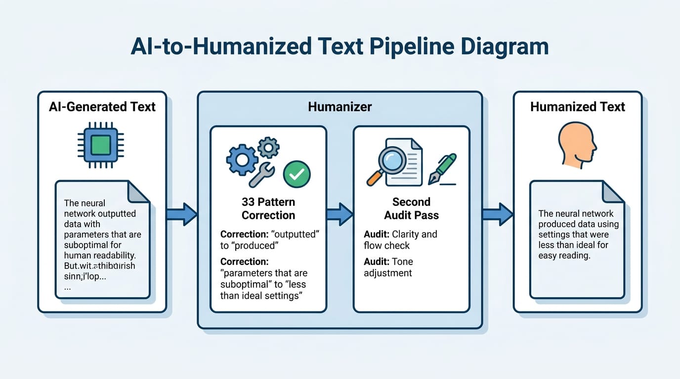 A diagram showing a pipeline: AI-generated text -> Humanizer (33 pattern correction + second audit pass) -> humanized text