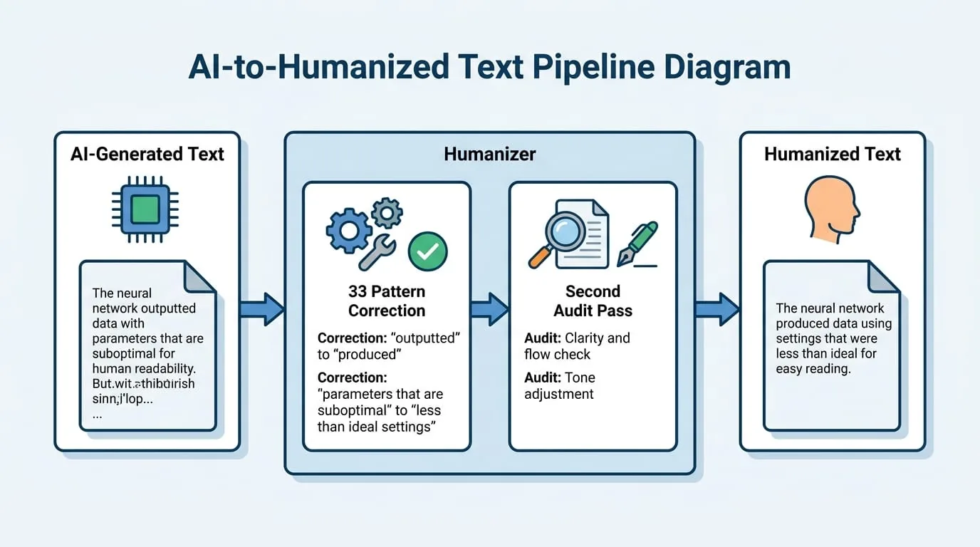 A diagram showing a pipeline: AI-generated text -> Humanizer (33 pattern correction + second audit pass) -> humanized text