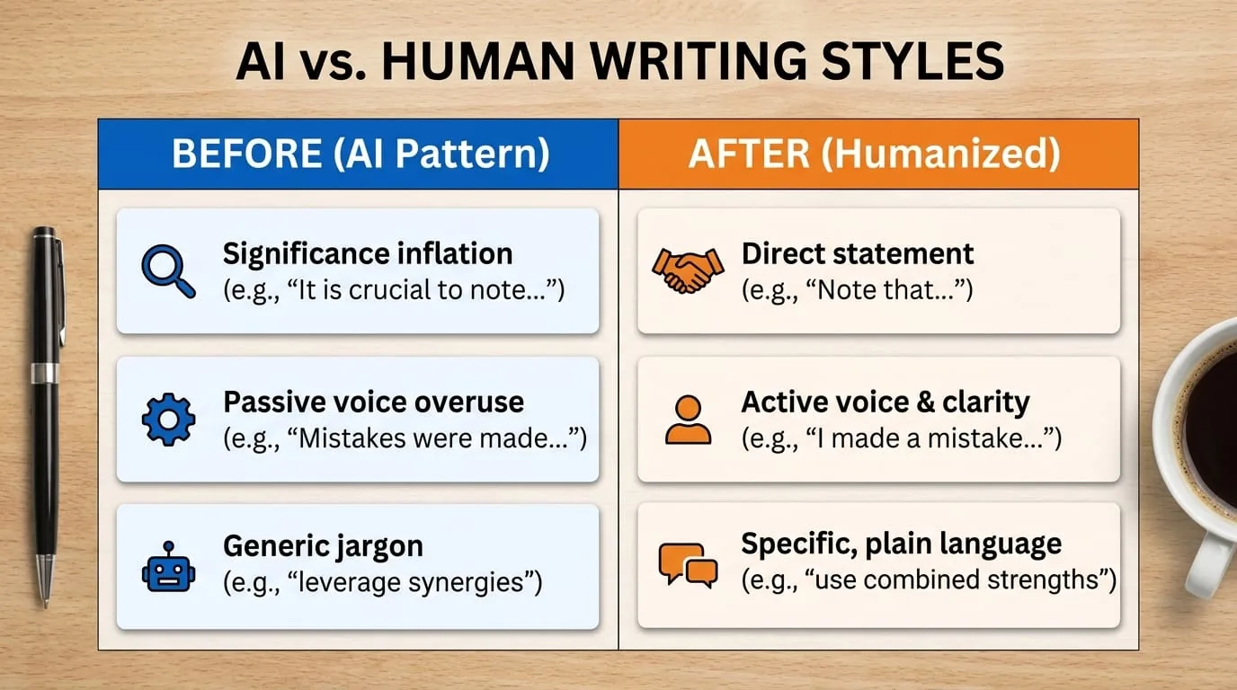 A comparison table showing two columns: "Before (AI Pattern)" and "After (Humanized)" with examples like "significance inflation" -> direct statement