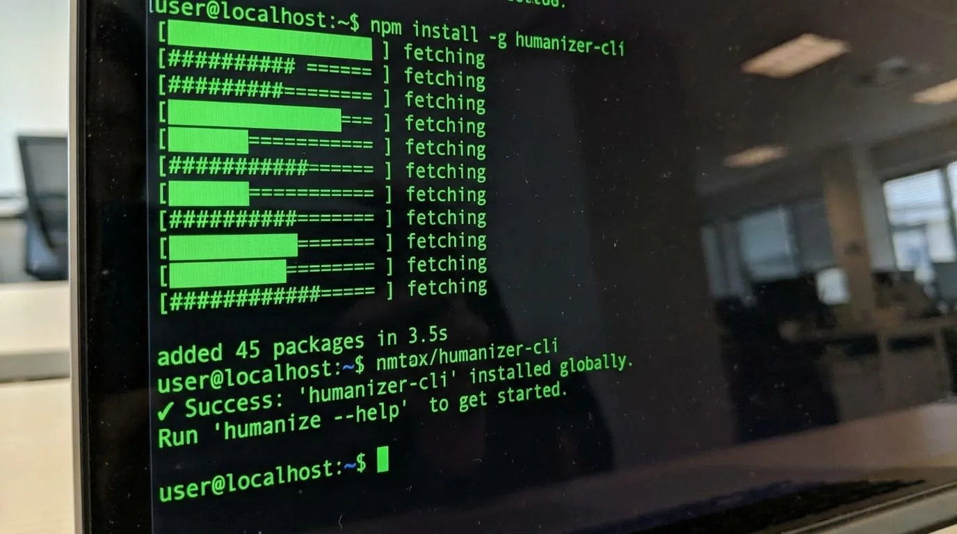 Terminal output showing successful installation of humanizer skill with the global CLI command