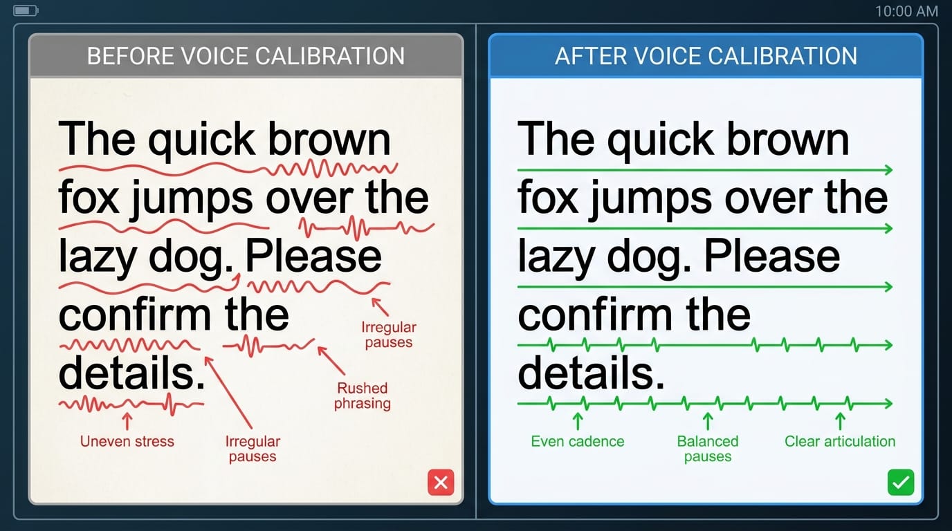 A split screenshot showing the same text before and after voice calibration, with annotations highlighting rhythm changes