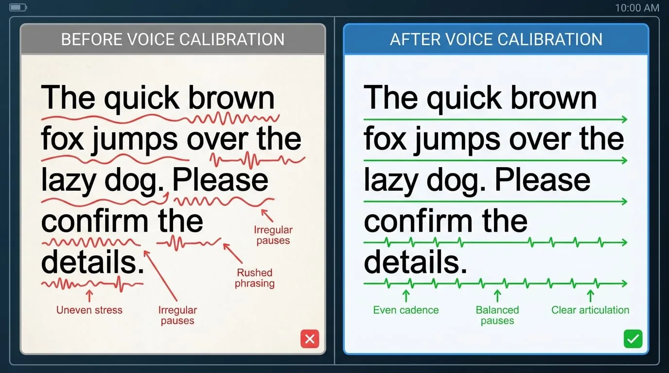 A split screenshot showing the same text before and after voice calibration, with annotations highlighting rhythm changes