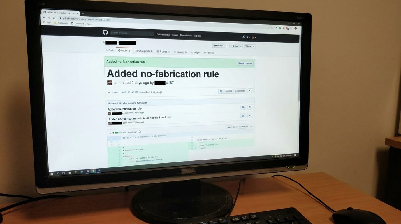 A GitHub commit message showing "Added no-fabrication rule" with issue reference #187