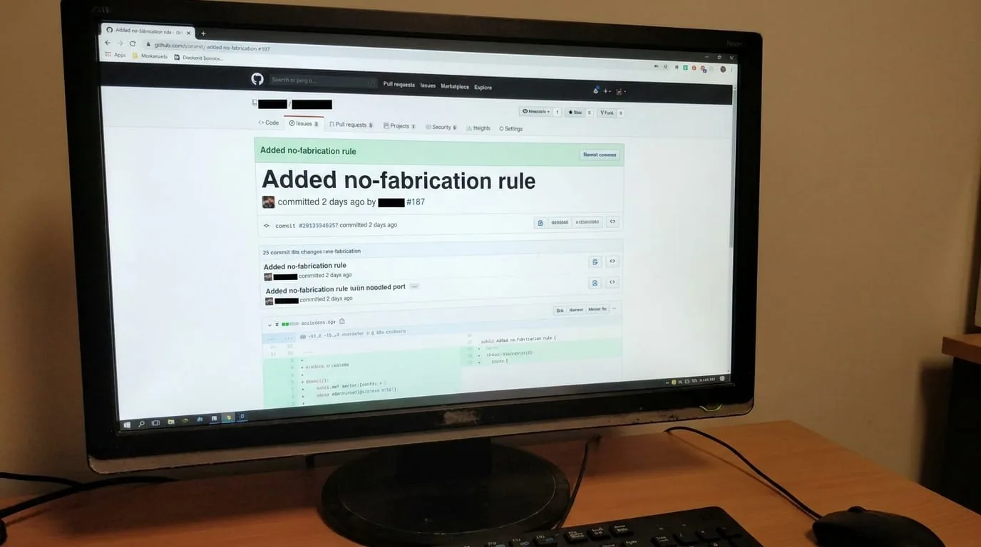 A GitHub commit message showing "Added no-fabrication rule" with issue reference #187