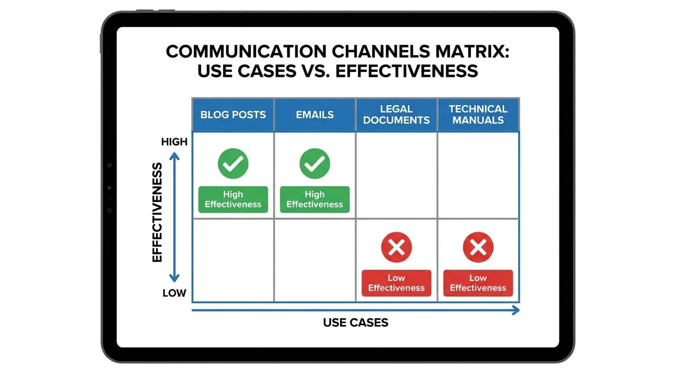 A matrix showing use cases vs. effectiveness, with blog posts and emails marked as "high effectiveness" and legal/technical as "low"