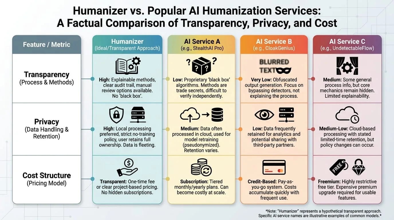 A comparison table of Humanizer vs. three popular AI humanization services, highlighting transparency, privacy, and cost