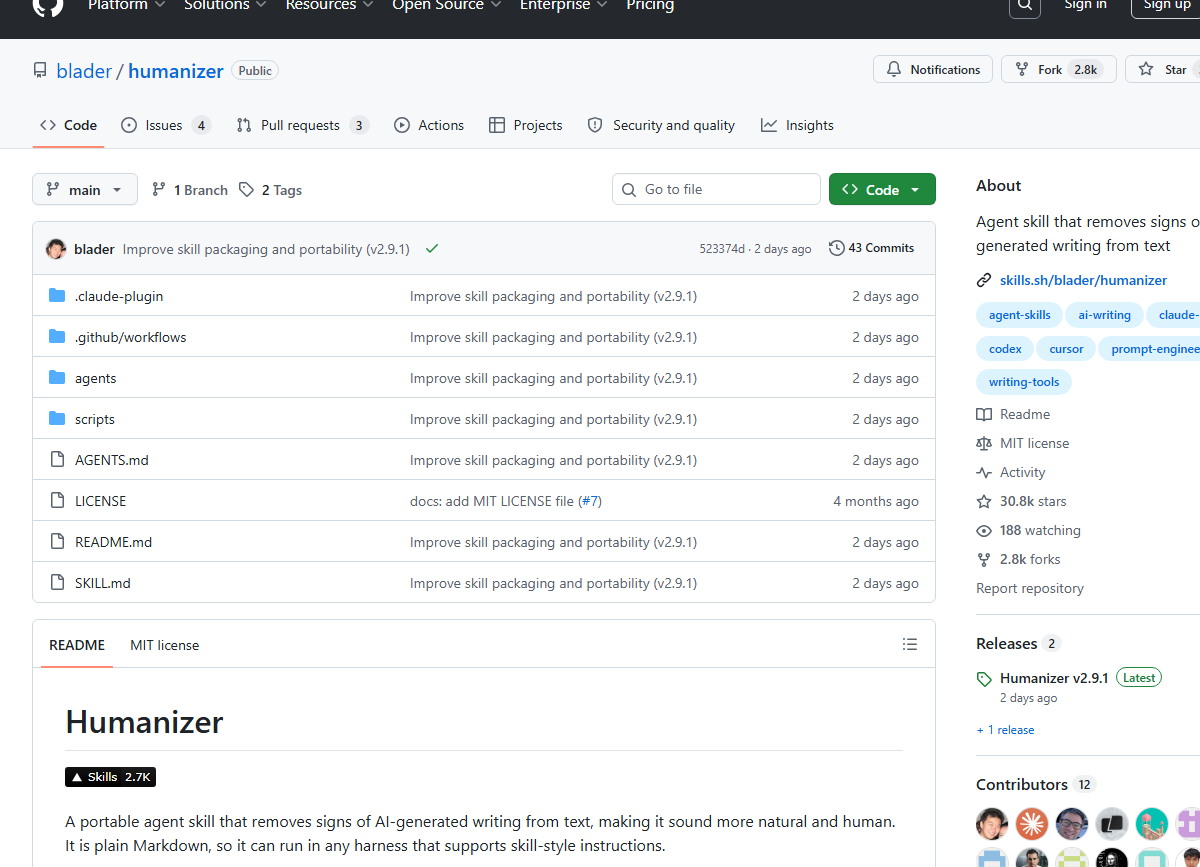 A screenshot of the Humanizer GitHub repo showing the README header and the 33 patterns list
