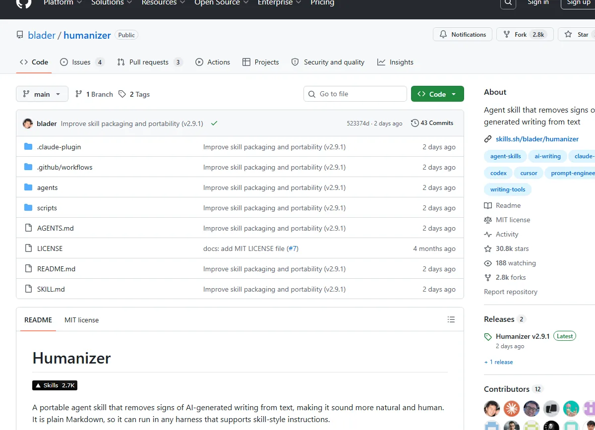 A screenshot of the Humanizer GitHub repo showing the README header and the 33 patterns list
