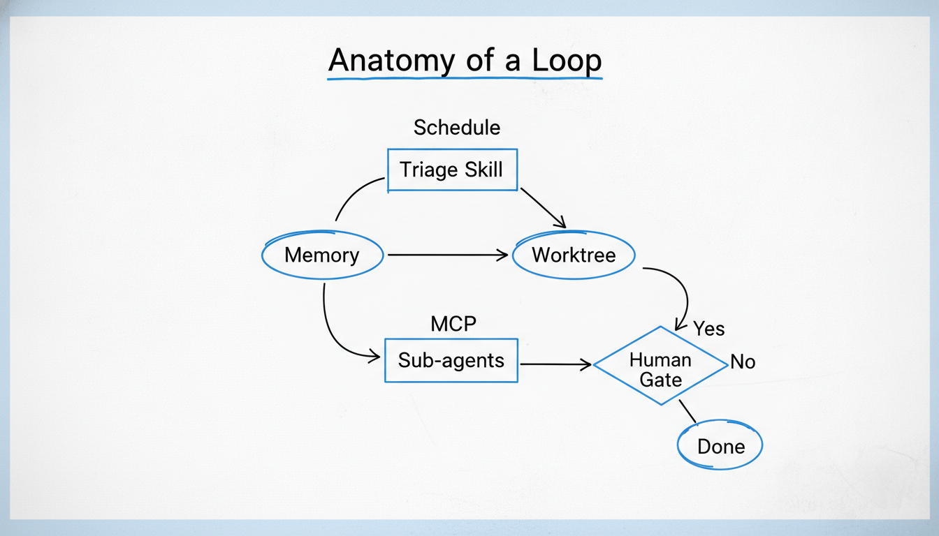 The "Anatomy of a Loop" Mermaid diagram from the repo showing Schedule → Triage Skill → Memory → Worktree → Sub-agents → MCP → Human Gate