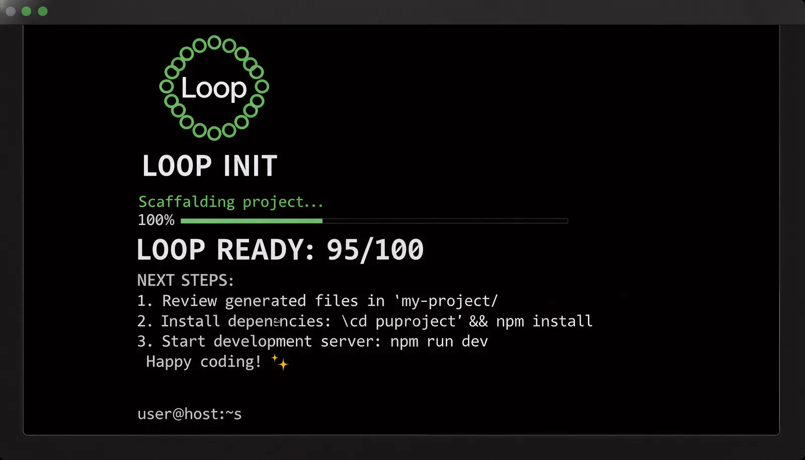 Terminal screenshot showing loop-init scaffold output with Loop Ready score and next steps
