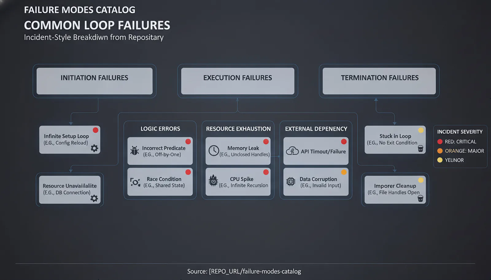 Diagram showing "Failure Modes" catalog from the repo—incident-style breakdown of common loop failures