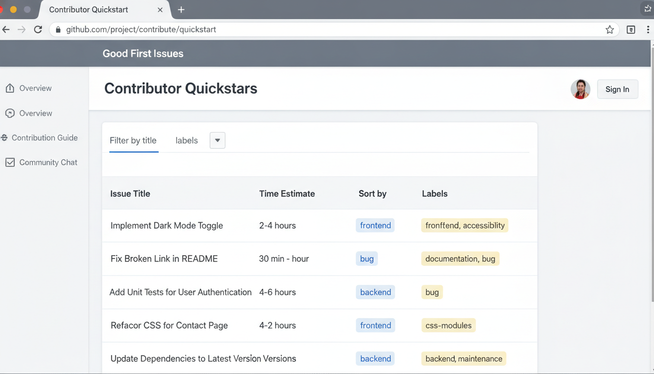 Screenshot of the contributor quickstart page showing the list of good first issues with time estimates