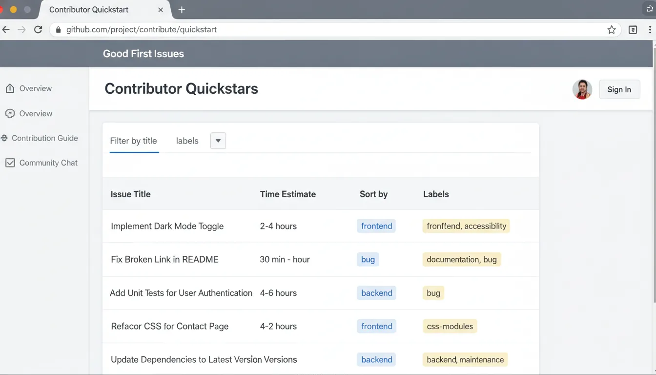 Screenshot of the contributor quickstart page showing the list of good first issues with time estimates