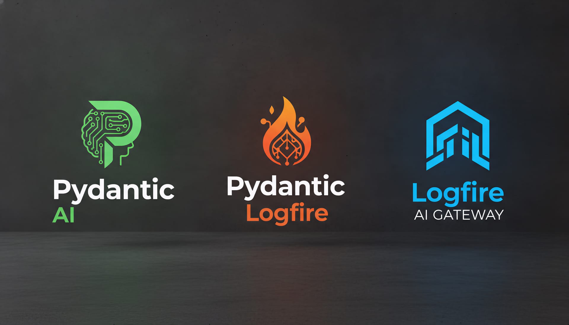 Logo trio: Pydantic AI, Pydantic Logfire, Logfire AI Gateway