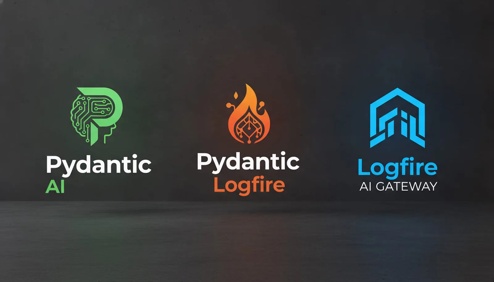 Logo trio: Pydantic AI, Pydantic Logfire, Logfire AI Gateway