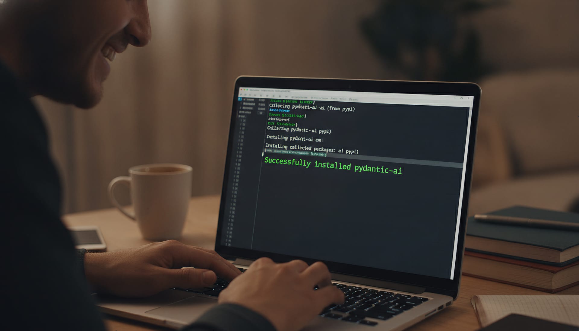 A person smiling at a laptop with a terminal showing "Successfully installed pydantic-ai"