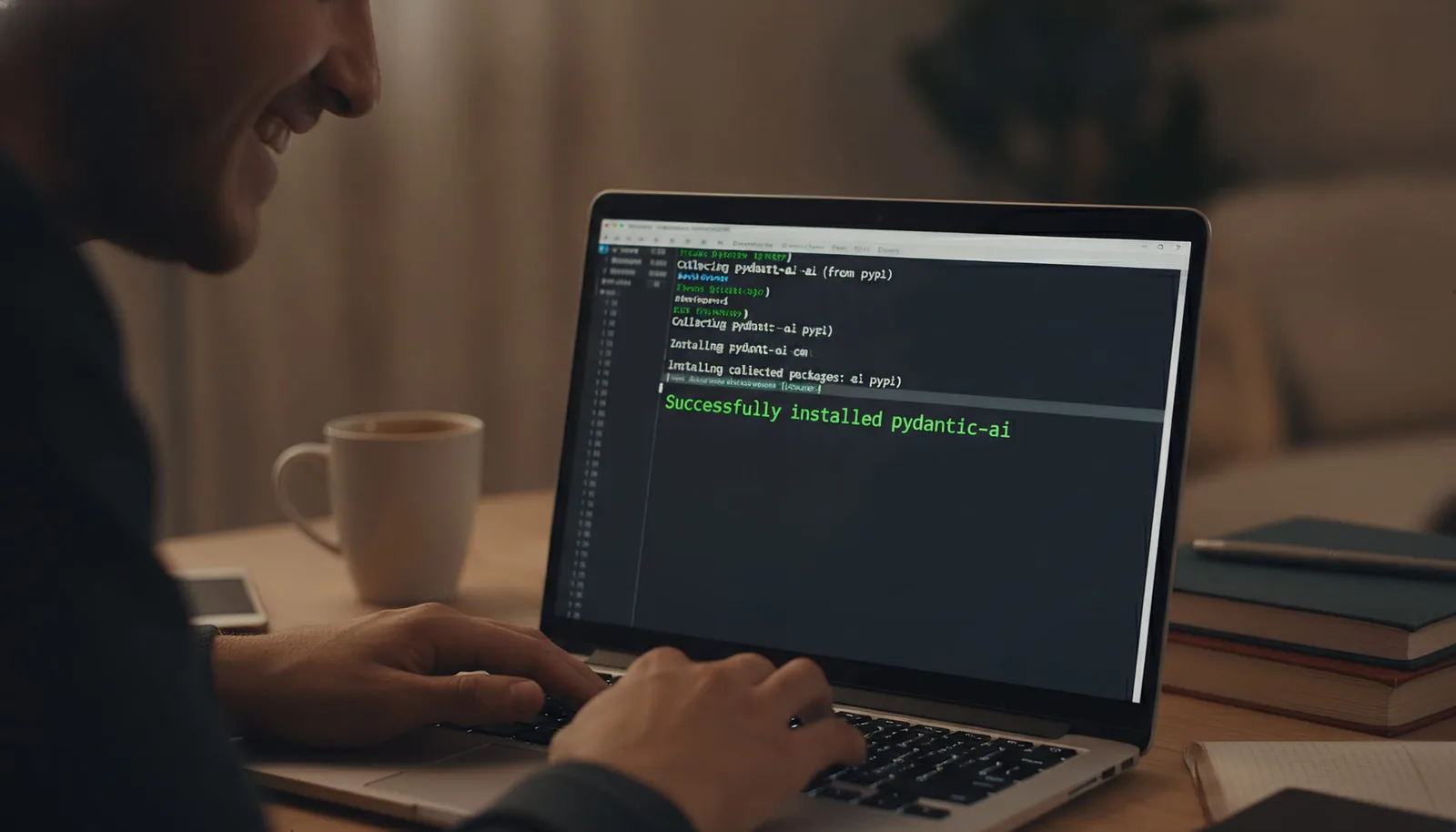 A person smiling at a laptop with a terminal showing "Successfully installed pydantic-ai"