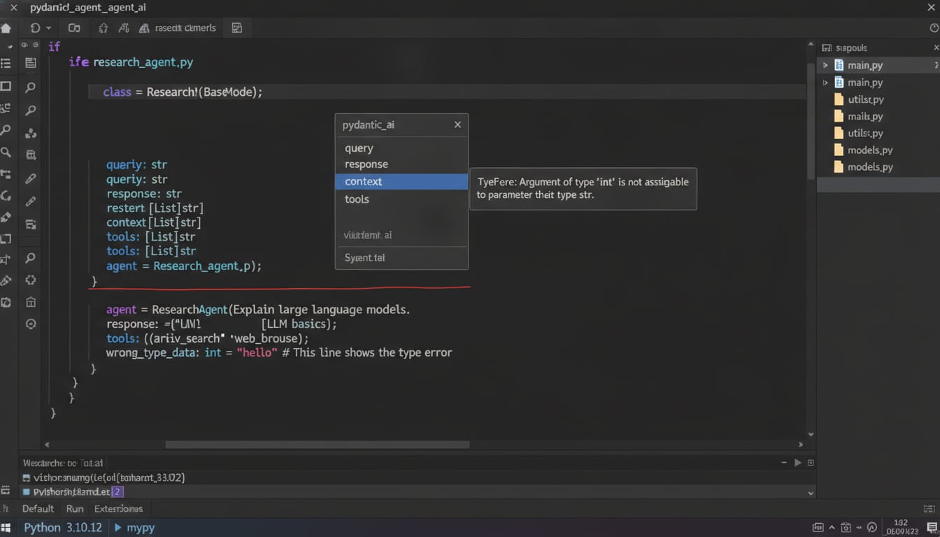 Screenshot of VS Code showing autocomplete and type checking for a pydantic_ai agent