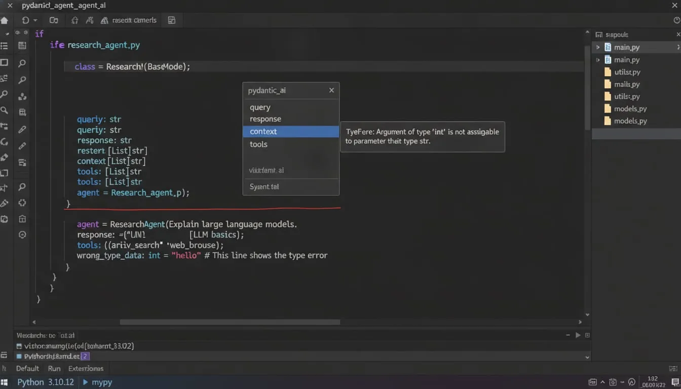 Screenshot of VS Code showing autocomplete and type checking for a pydantic_ai agent