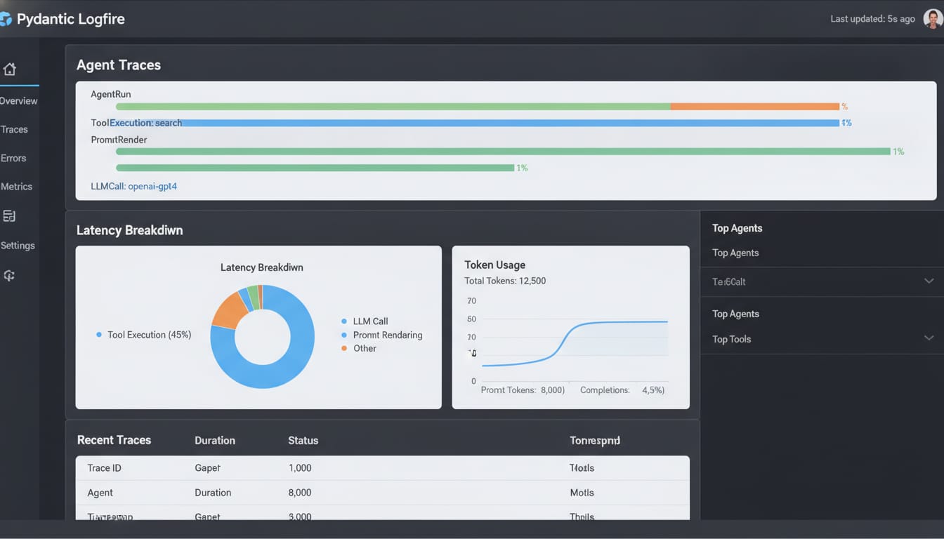 Screenshot of Pydantic Logfire dashboard showing agent traces, latency breakdown, and token usage